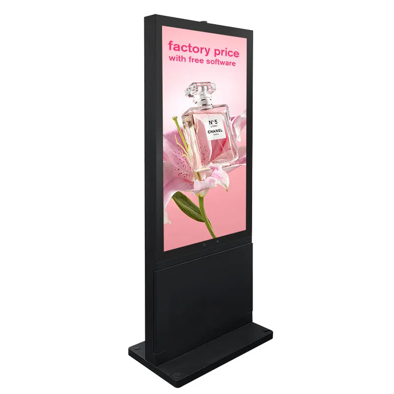 Aluminum-body outdoor advertising player angled front view