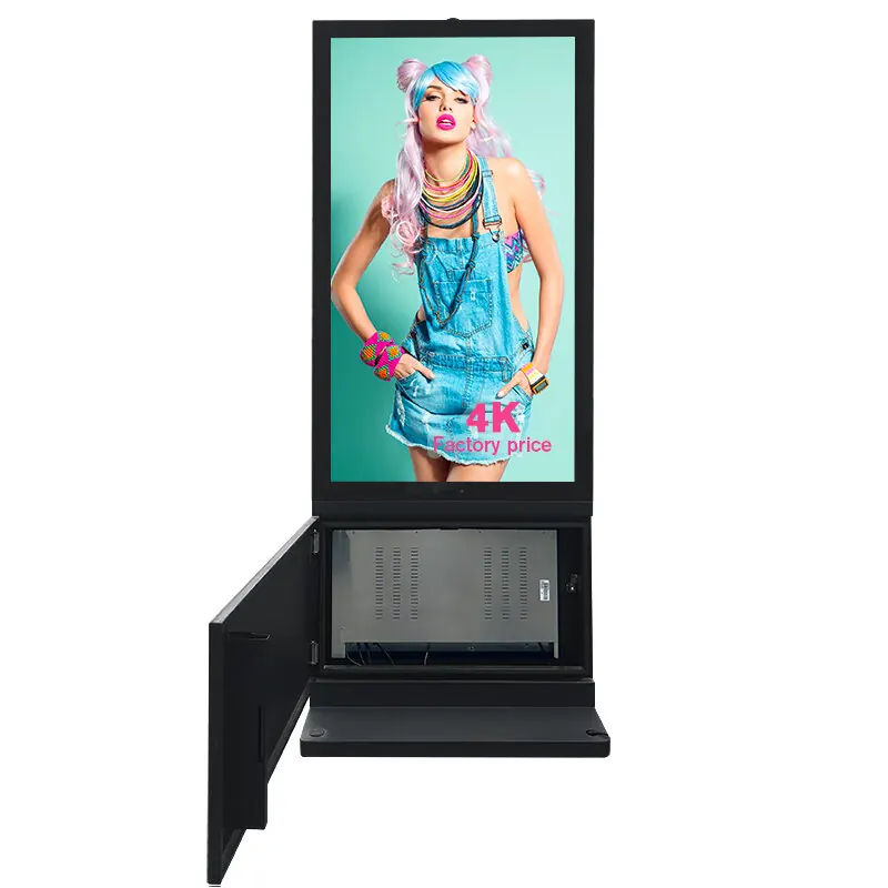 Aluminum-body outdoor advertising player with the service door open